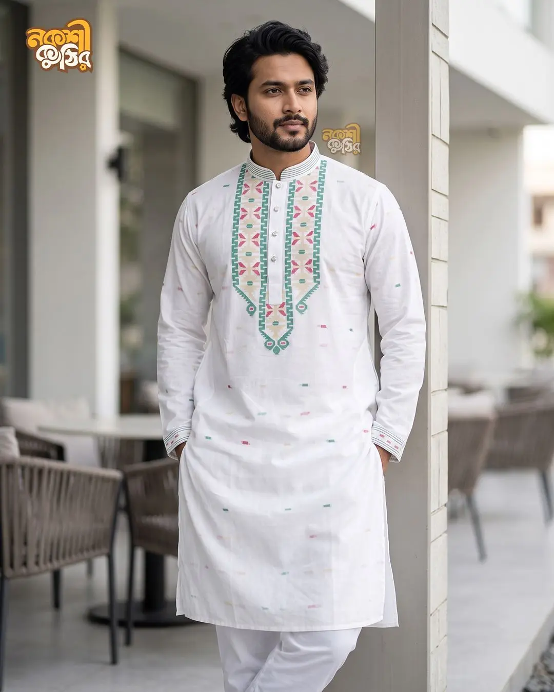 প্রিমিয়াম জামদানি পাঞ্জাবি — সাদা (সবুজ-গোলাপি কারুকাজ)