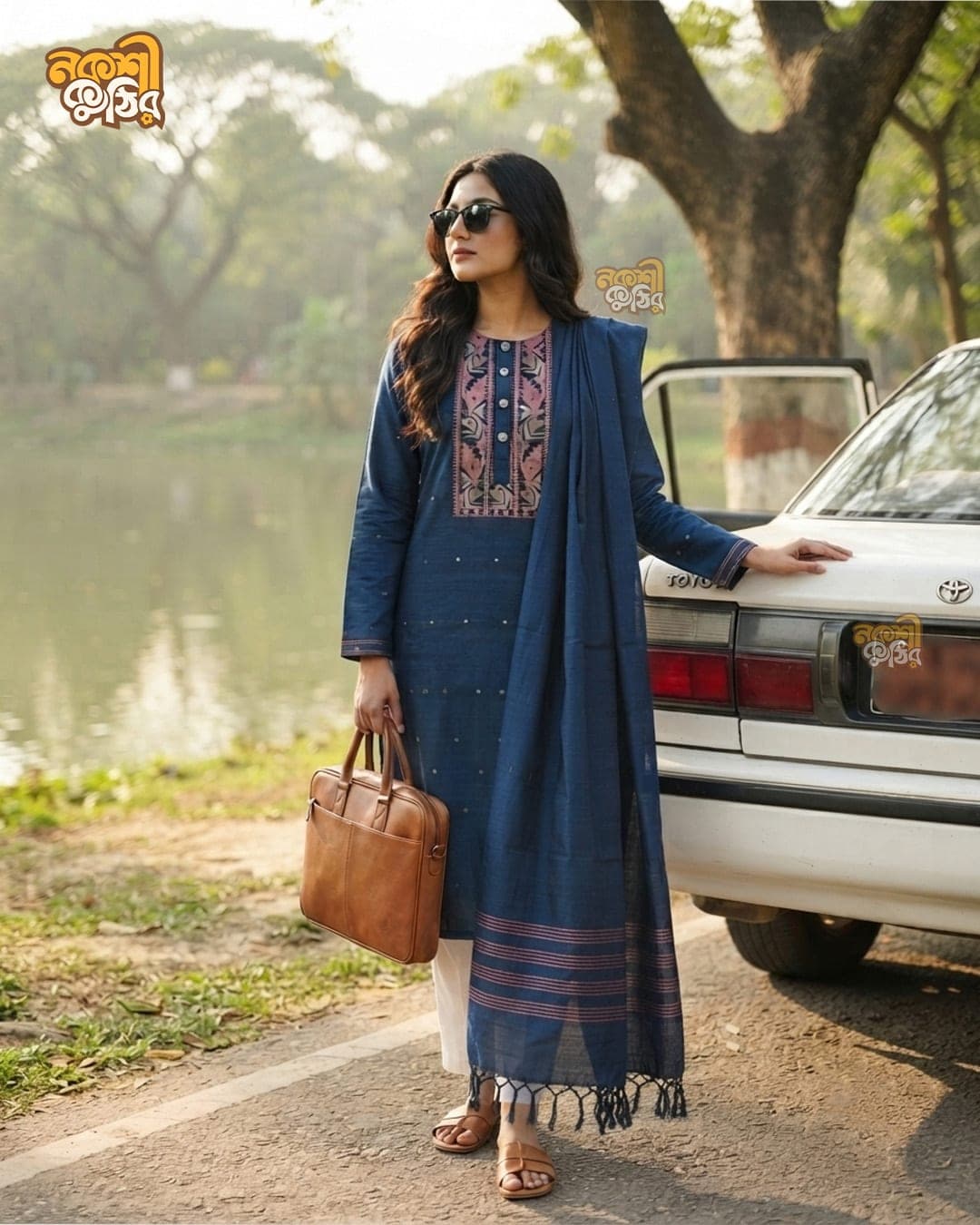 প্রিমিয়াম জামদানি থ্রি-পিস — রয়্যাল ব্লু (গোলাপি কারুকাজ)