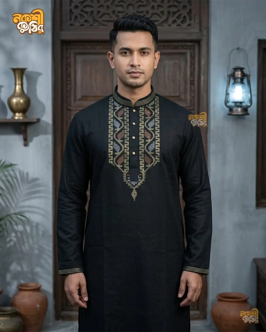 রেগুলার জামদানি পাঞ্জাবি — কালো (সিলভার)