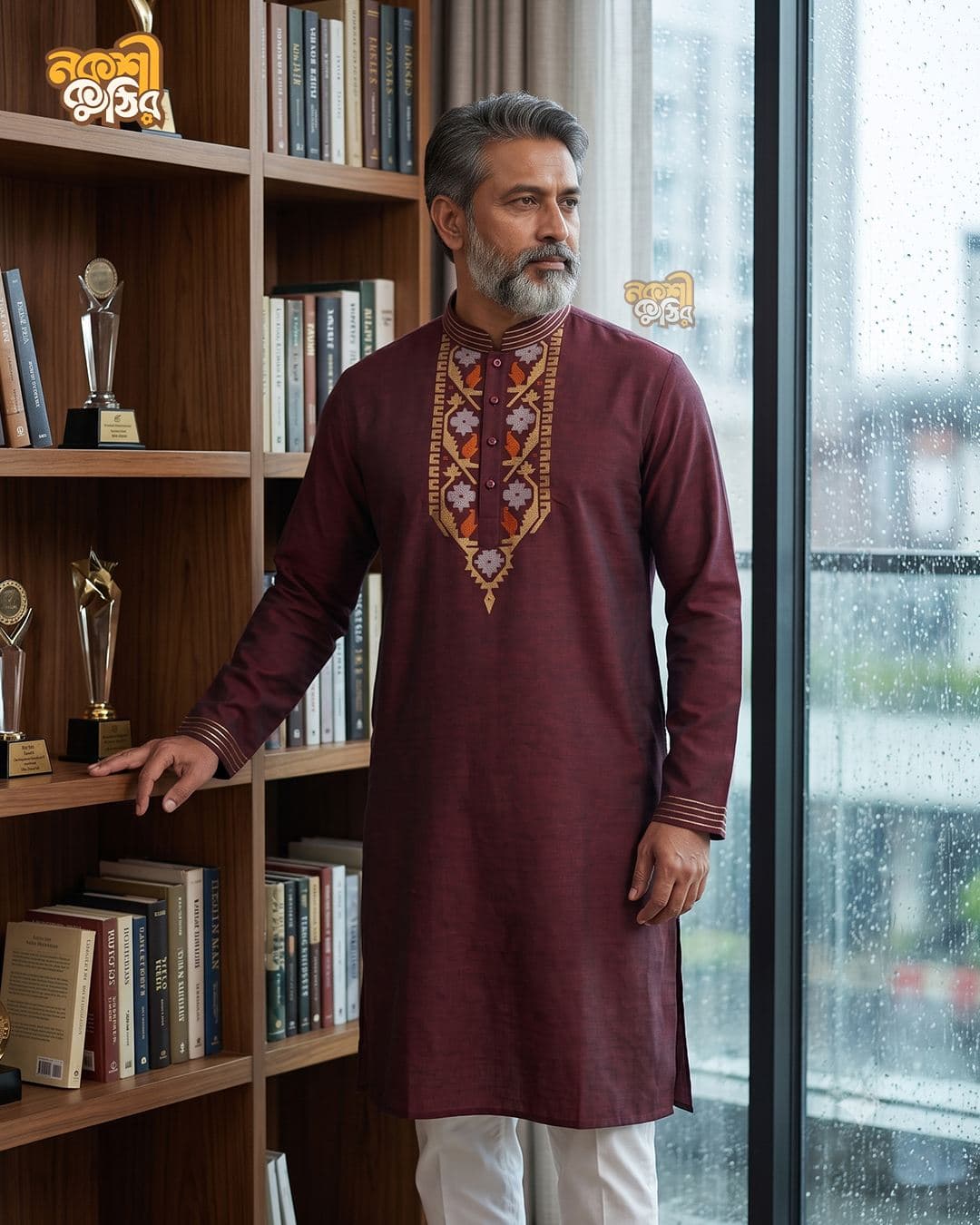 রেগুলার জামদানি পাঞ্জাবি — মেরুন (গোল্ডেন ফুল)