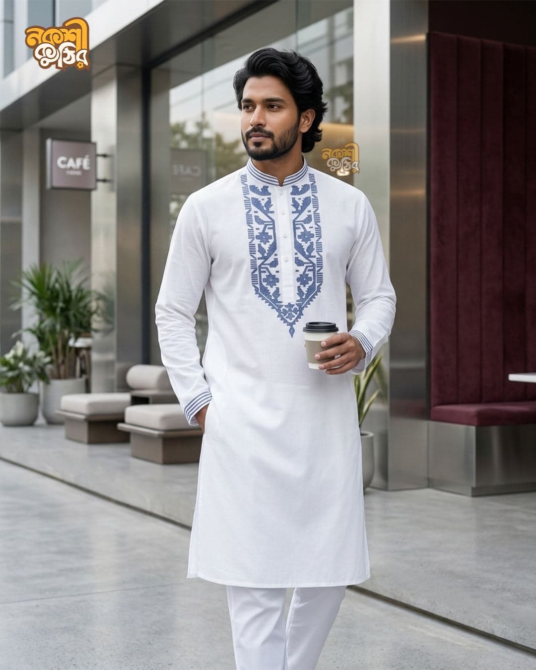 রেগুলার জামদানি পাঞ্জাবি — সাদা (নীল কারুকাজ)