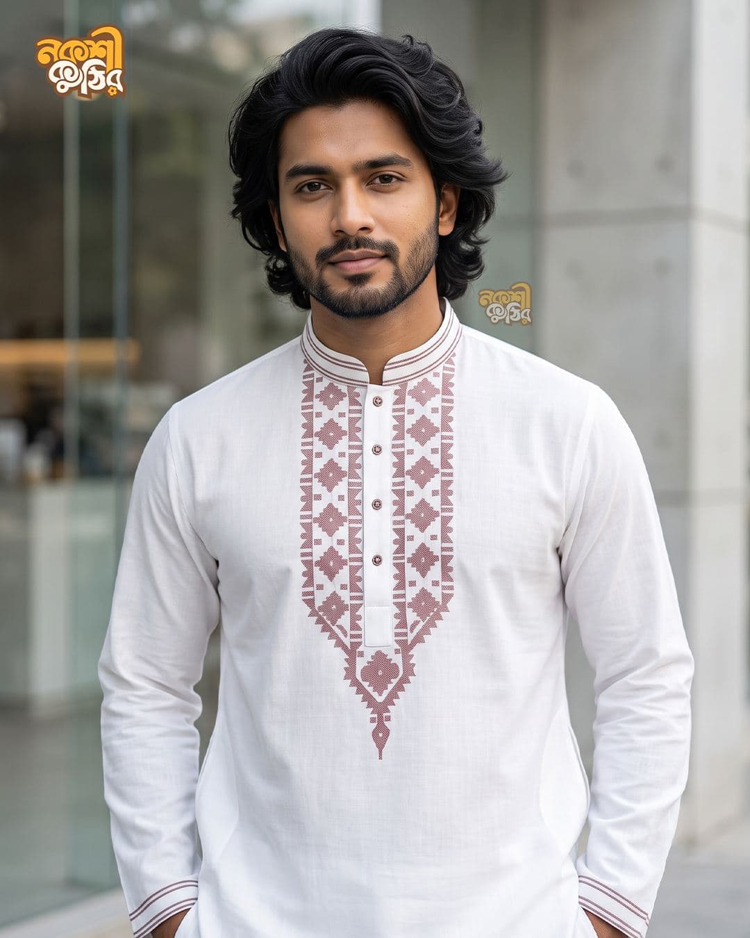 রেগুলার জামদানি পাঞ্জাবি — সাদা (গোলাপি কারুকাজ)
