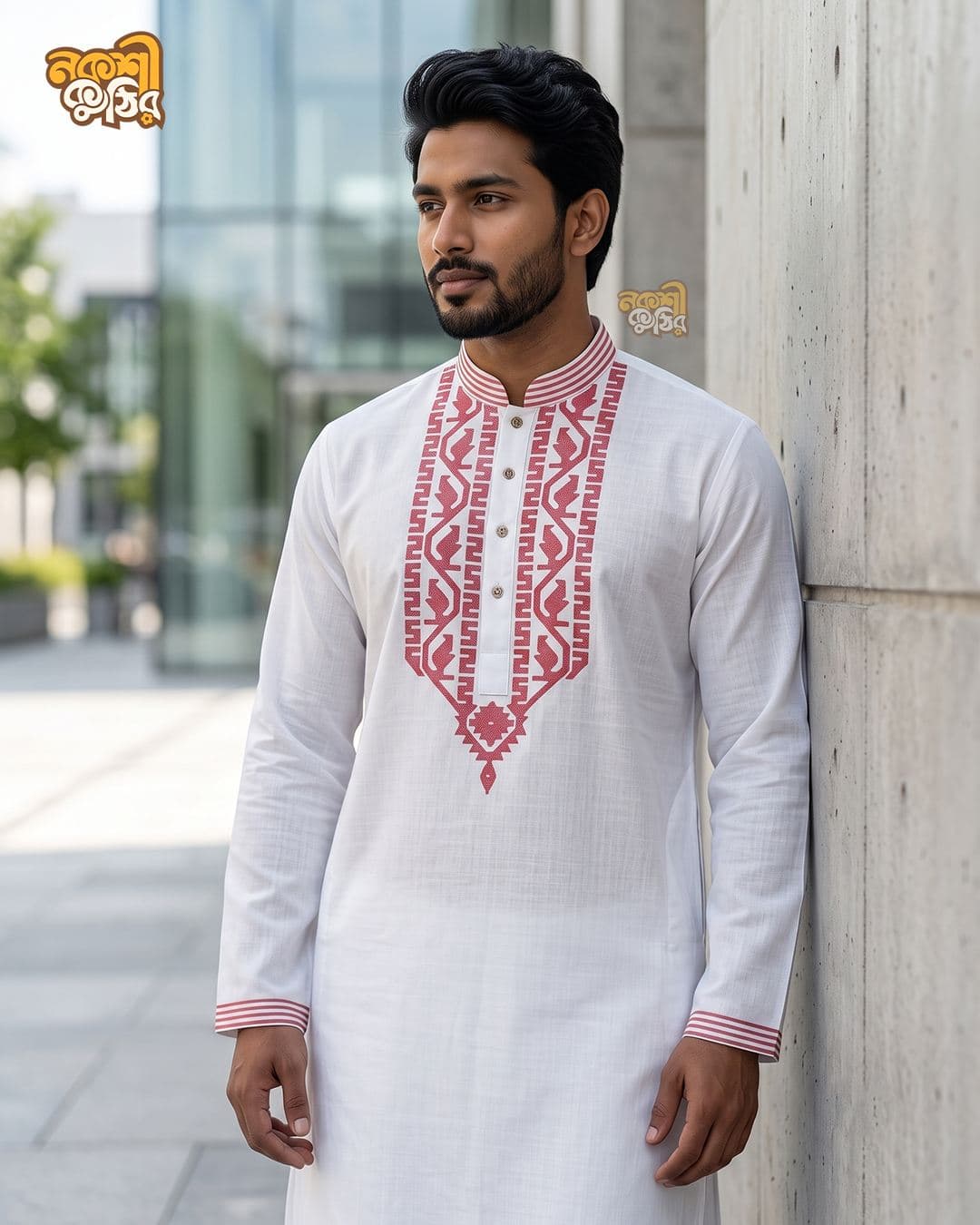 রেগুলার জামদানি পাঞ্জাবি — সাদা (লাল কারুকাজ)