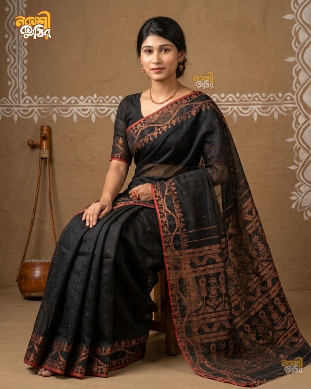 হাফসিল্ক জামদানি শাড়ি — ব্ল্যাক রেড পাড়