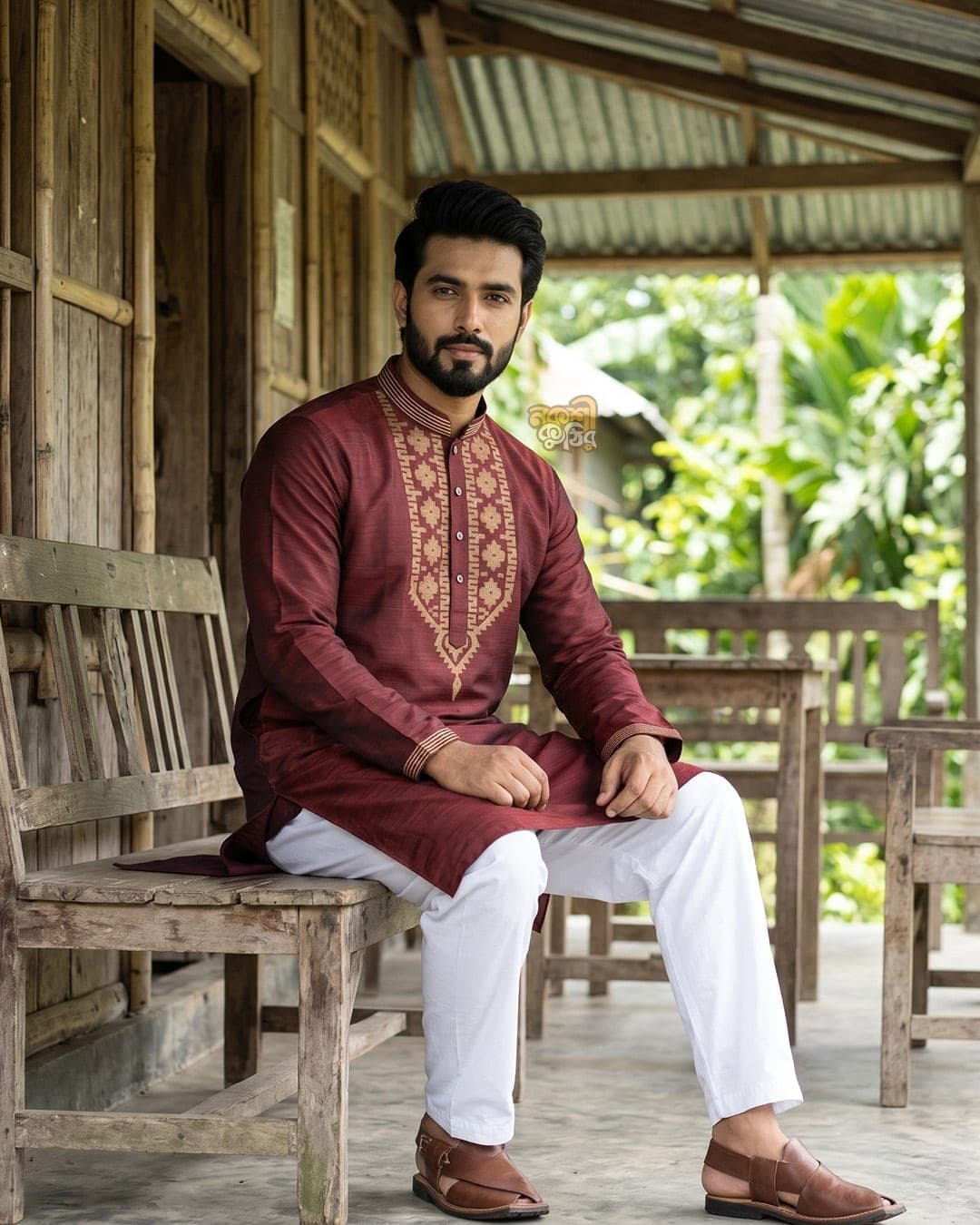 রেগুলার জামদানি পাঞ্জাবি — মেরুন (সোনালি কারুকাজ)