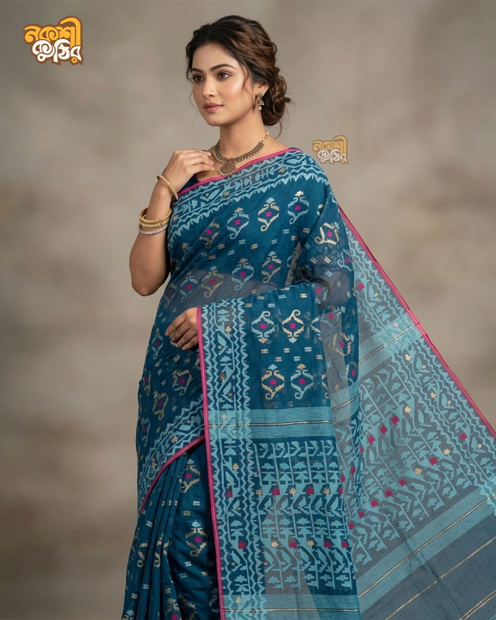 হাফসিল্ক জামদানি শাড়ি — টিল ব্লু
